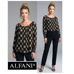 ALFANI - Long sleeve black medallion print blouse with beaded detail